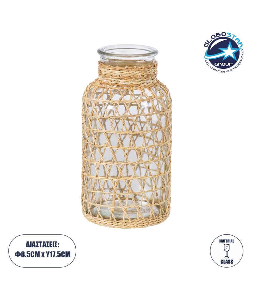 GloboStar® MANDY 35630 Διακοσμητικό Βάζο Γυάλινο Διάφανο με Μπαμπού Φ8.5 x Υ17.5cm